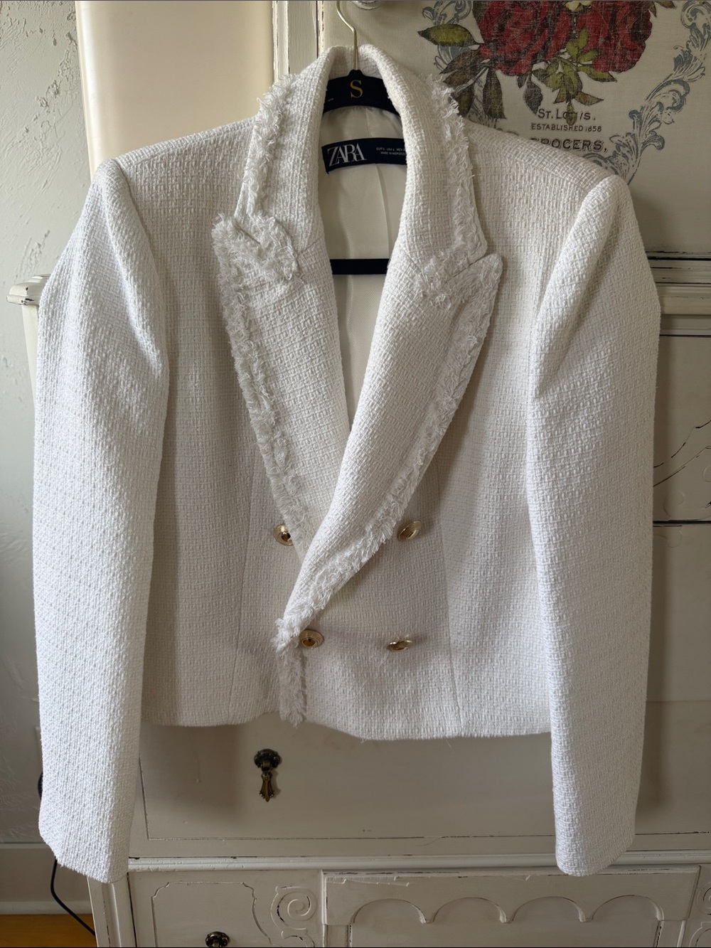Zara Cream Textured Double-Breasted Fringed Lapel Blazer